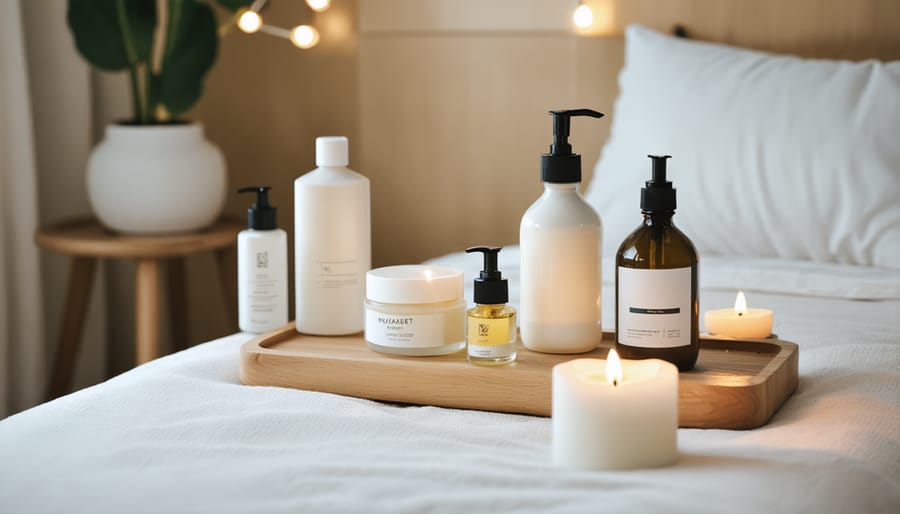 Serene evening skincare arrangement featuring gentle lighting and relaxing skincare products