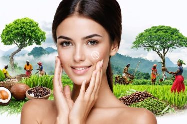 A collage depicting a woman using skincare products with scenes of farmers collecting shea nuts and cocoa, representing the positive impact of fair trade on global communities.