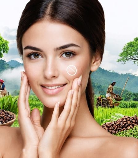A collage depicting a woman using skincare products with scenes of farmers collecting shea nuts and cocoa, representing the positive impact of fair trade on global communities.
