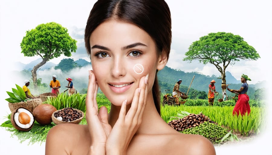 A collage depicting a woman using skincare products with scenes of farmers collecting shea nuts and cocoa, representing the positive impact of fair trade on global communities.