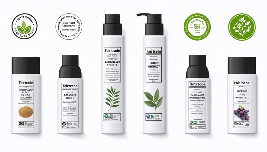 Display of beauty products featuring fair trade certification labels