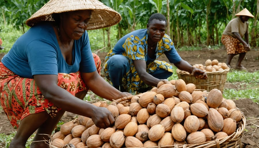 Fair trade certified farmers collecting shea nuts for beauty products