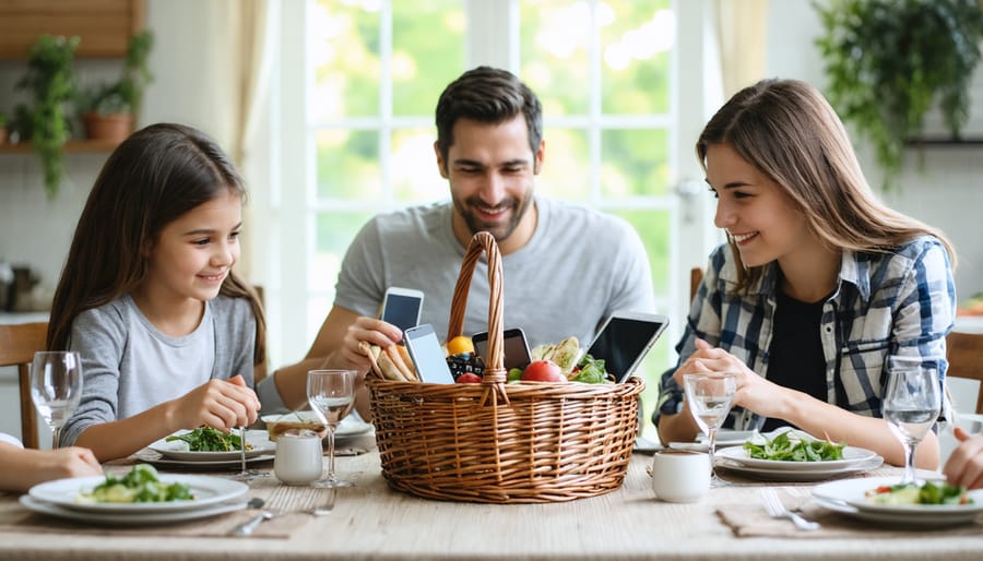 Family enjoying meal time together with smartphones and tablets stored in a nearby technology basket