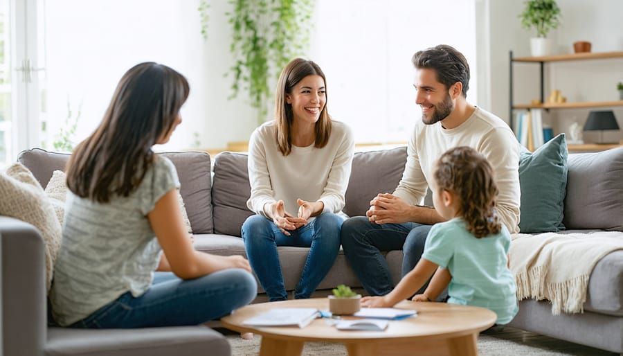 Family members sitting together in a circle during a family meeting, showing engaged and supportive body language