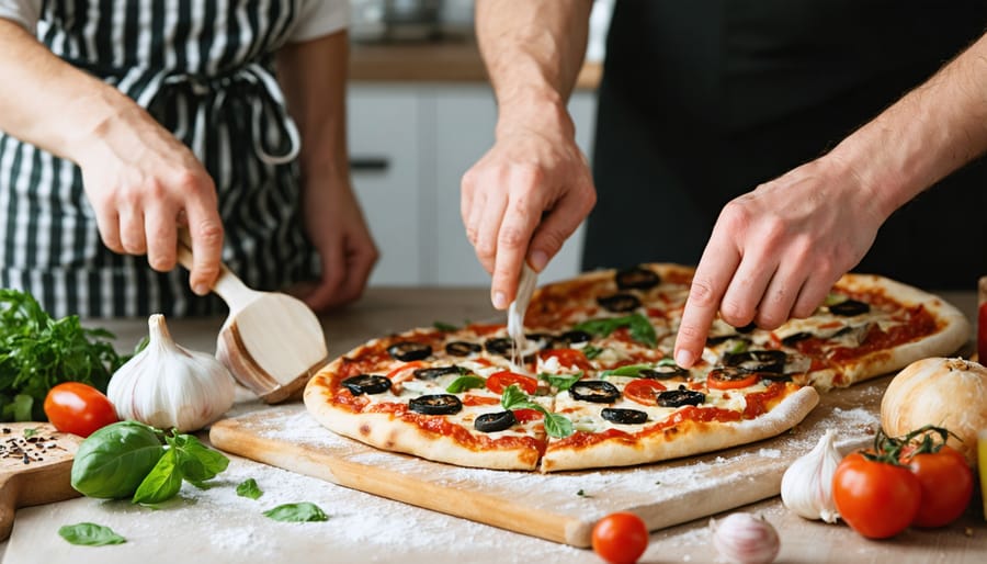Parents and children preparing pizza together in the kitchen
