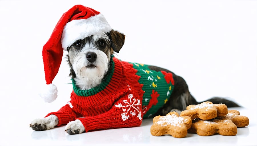 Happy dog in Christmas attire beside holiday-themed homemade pet treats