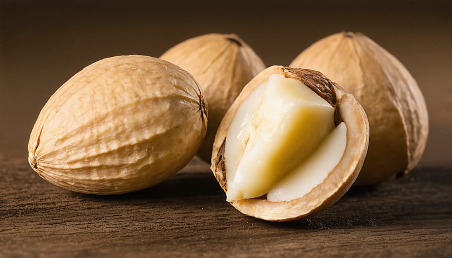 Fresh macadamia nuts with some cracked open to show their white interior