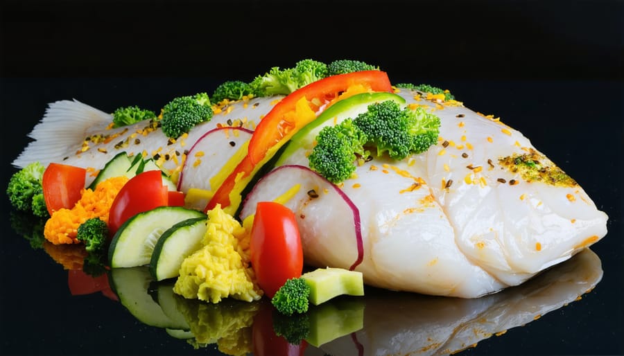 Beautifully plated grilled tilapia fillet with seasonal vegetables and herb garnish