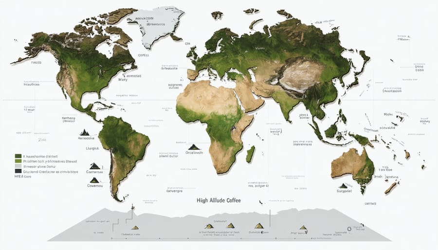 Global map showing notable high-altitude coffee producing regions and their elevations