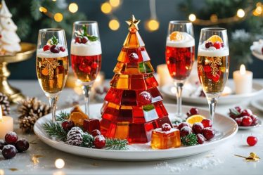 A festive holiday dessert table filled with a colorful array of jello creations, including a stained glass Christmas tree, sparkling champagne cubes, and cranberry-orange delights.