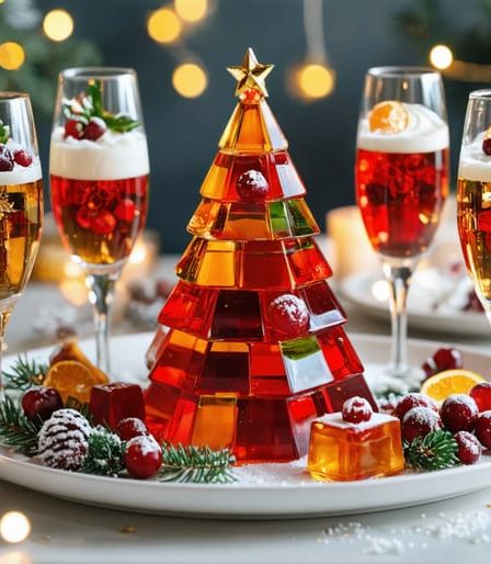 A festive holiday dessert table filled with a colorful array of jello creations, including a stained glass Christmas tree, sparkling champagne cubes, and cranberry-orange delights.