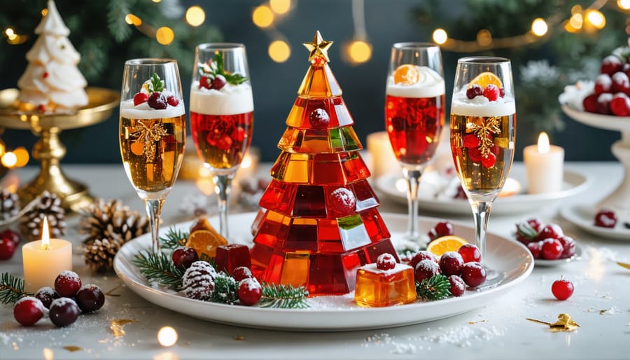 A festive holiday dessert table filled with a colorful array of jello creations, including a stained glass Christmas tree, sparkling champagne cubes, and cranberry-orange delights.