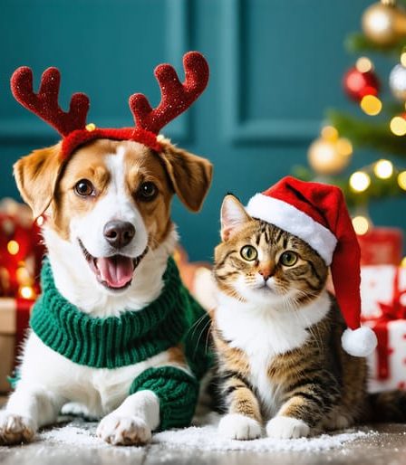 Playful dog in reindeer antlers and cat in Santa hat surrounded by holiday gifts and decorations.