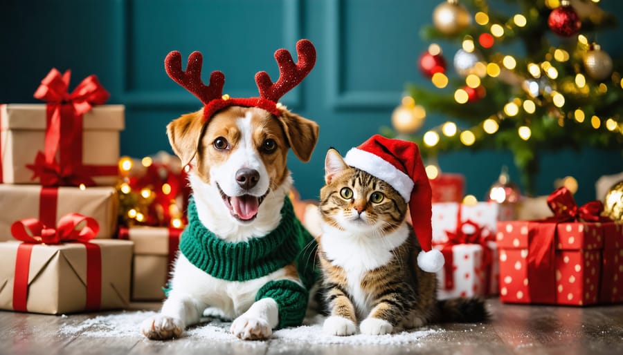 Playful dog in reindeer antlers and cat in Santa hat surrounded by holiday gifts and decorations.