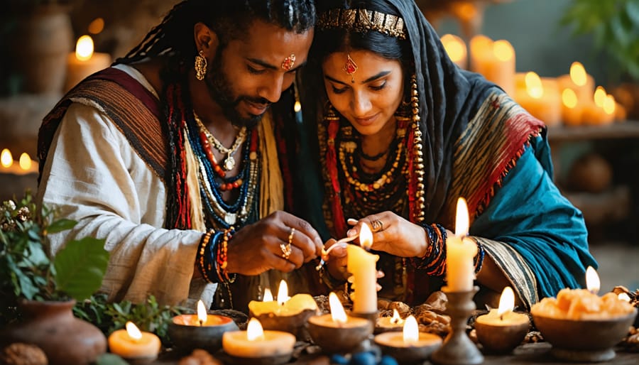 Interfaith couple performing a meaningful spiritual ceremony with candles