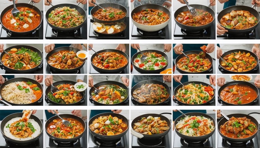 Diverse array of international dishes being cooked during an online cooking class