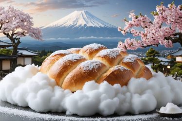 A conceptual depiction of Japanese milk bread as a fluffy cloud in a Japanese landscape, symbolizing the cloud-like texture achieved with the tangzhong method.