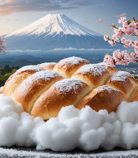 A conceptual depiction of Japanese milk bread as a fluffy cloud in a Japanese landscape, symbolizing the cloud-like texture achieved with the tangzhong method.