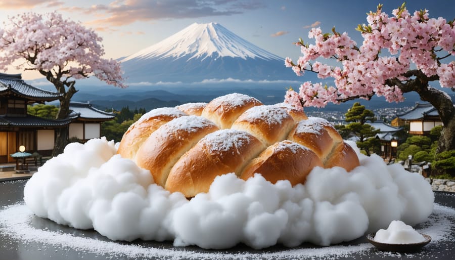 A conceptual depiction of Japanese milk bread as a fluffy cloud in a Japanese landscape, symbolizing the cloud-like texture achieved with the tangzhong method.