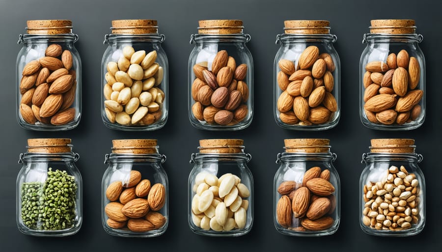 Decorative mason jars filled with macadamia nuts, Brazil nuts, and hazelnuts alongside cooking ingredients