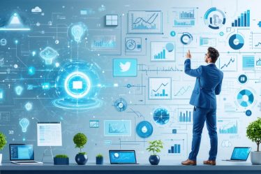 A conceptual illustration of a small business owner surrounded by symbols representing economic, social, technological, political, and competitive elements, symbolizing the mastery of the business environment.