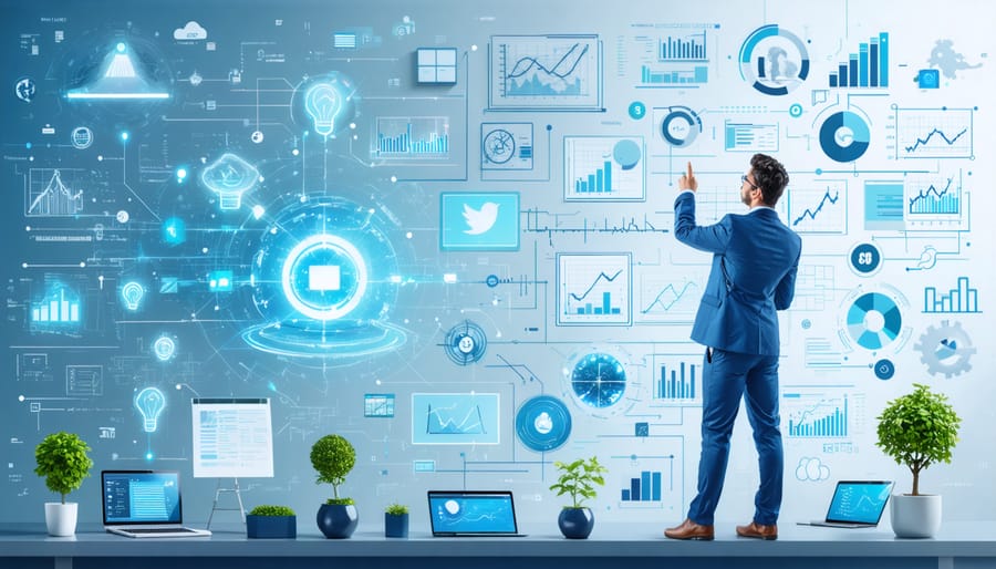 A conceptual illustration of a small business owner surrounded by symbols representing economic, social, technological, political, and competitive elements, symbolizing the mastery of the business environment.
