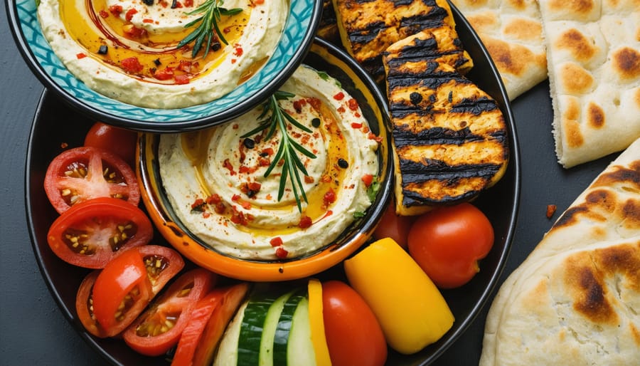 Family-style Mediterranean meal with various colorful dishes on a wooden table