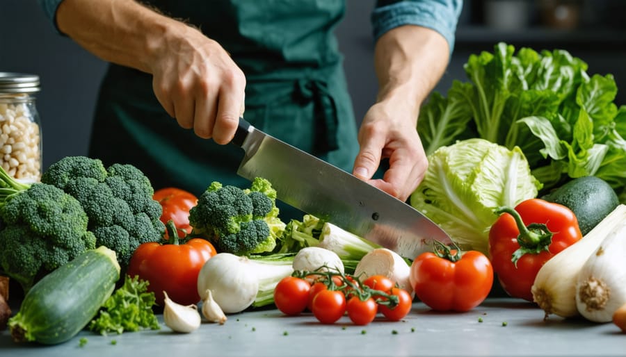 Chef slowly and deliberately cutting fresh vegetables on a wooden cutting board