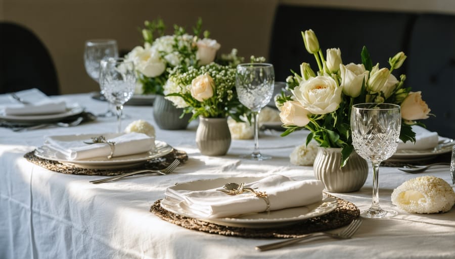 Intimate table setting with soft candlelight, fresh flowers, and carefully arranged dinnerware