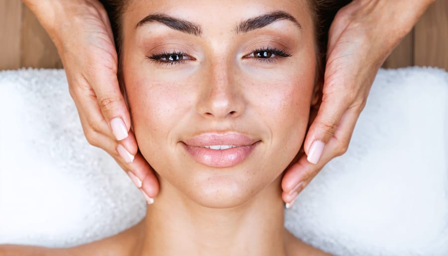 Person practicing mindful facial massage as part of skincare routine