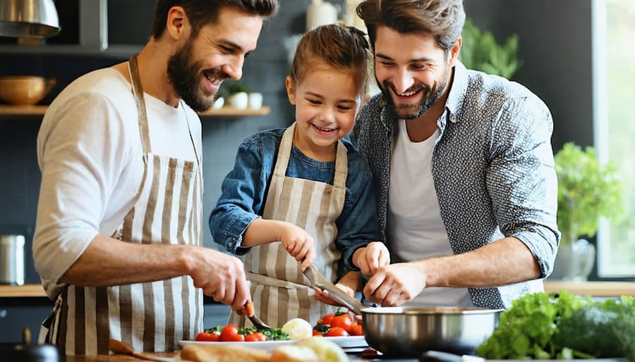 Family cooking together in a bright, modern kitchen, sharing quality time while preparing a meal
