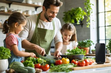 Family members sharing smiles and preparing a meal together in a warm, harmonious kitchen with seasonal ingredients and aromatic herbs, reflecting mindfulness and connection.