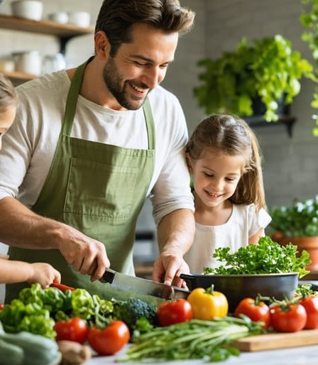 Family members sharing smiles and preparing a meal together in a warm, harmonious kitchen with seasonal ingredients and aromatic herbs, reflecting mindfulness and connection.
