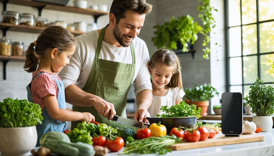 Family members sharing smiles and preparing a meal together in a warm, harmonious kitchen with seasonal ingredients and aromatic herbs, reflecting mindfulness and connection.