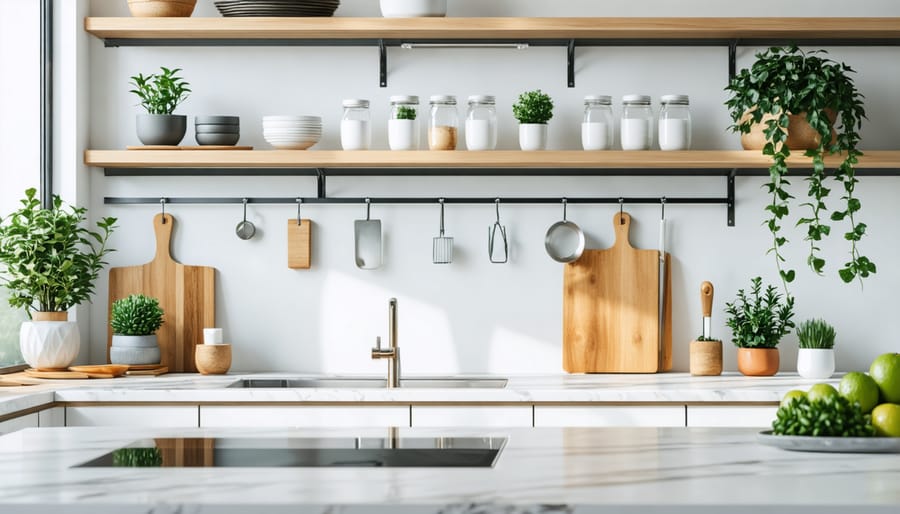 Decluttered kitchen counter featuring essential cooking tools arranged mindfully with warm natural lighting
