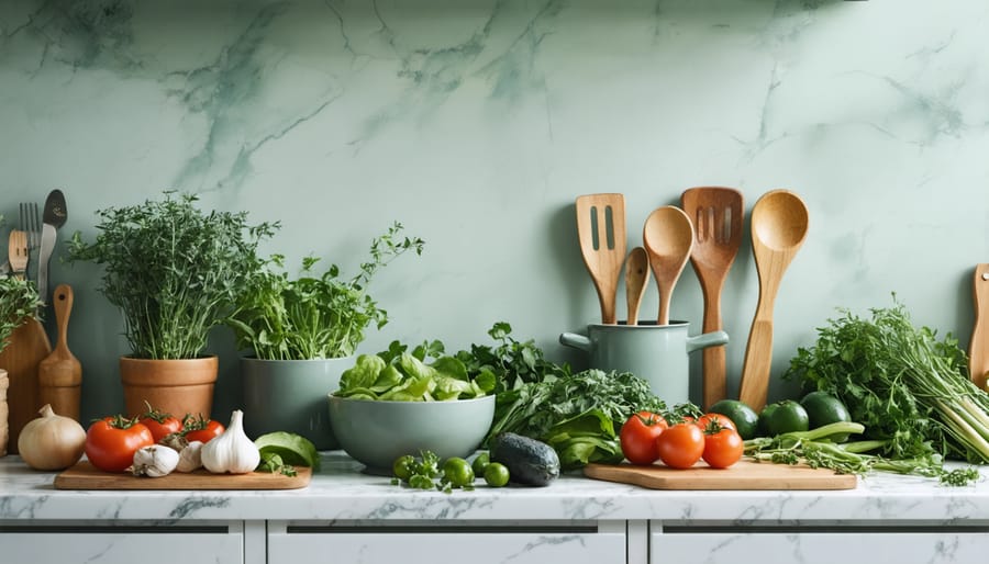 Organized kitchen workspace with fresh seasonal ingredients and natural cooking tools