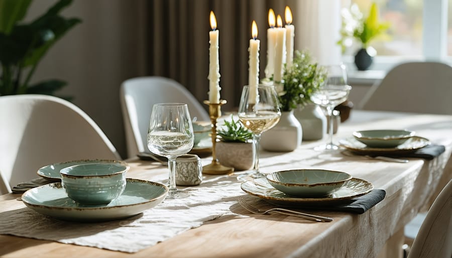 Mindfully decorated dinner table with calm, welcoming atmosphere for family dining
