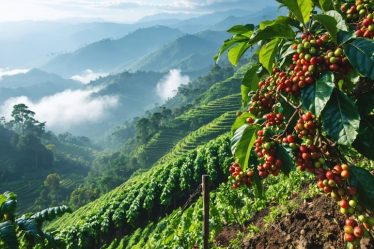 Expansive coffee plantations on misty mountain terraces, showcasing ripe coffee cherries and the unique high-altitude conditions ideal for growing complex-flavored beans.