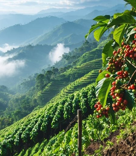 Expansive coffee plantations on misty mountain terraces, showcasing ripe coffee cherries and the unique high-altitude conditions ideal for growing complex-flavored beans.