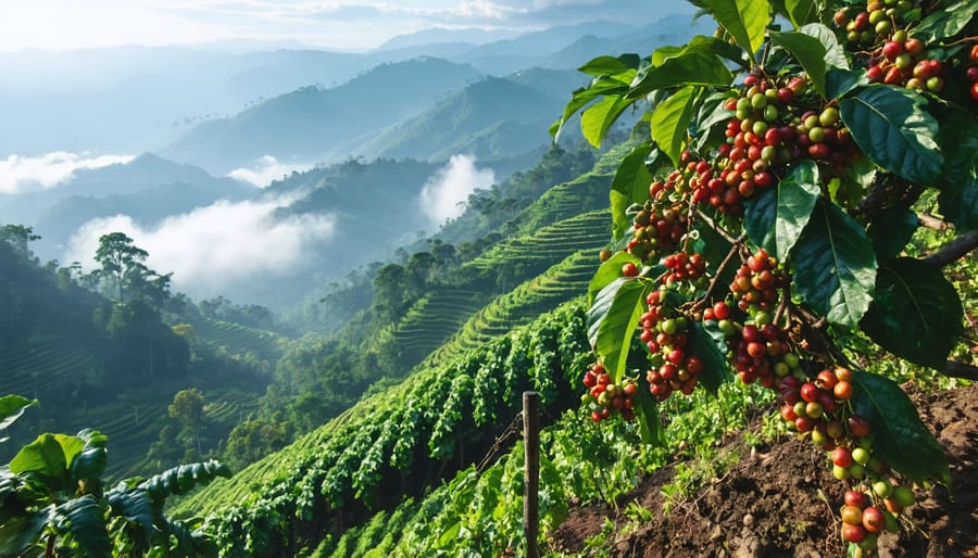 Expansive coffee plantations on misty mountain terraces, showcasing ripe coffee cherries and the unique high-altitude conditions ideal for growing complex-flavored beans.