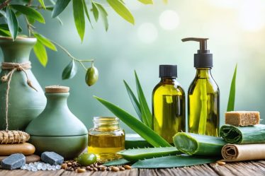 A harmonious composition of natural skincare ingredients including Mediterranean olive oil, Dead Sea minerals, aloe vera, and plant oils, set against a tranquil, natural backdrop to convey eco-friendly beauty.