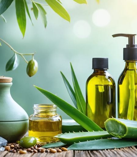 A harmonious composition of natural skincare ingredients including Mediterranean olive oil, Dead Sea minerals, aloe vera, and plant oils, set against a tranquil, natural backdrop to convey eco-friendly beauty.