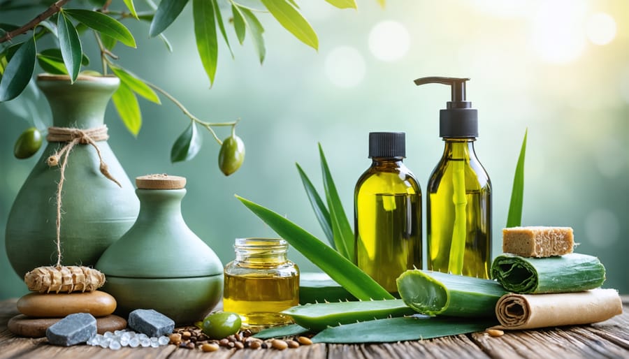 A harmonious composition of natural skincare ingredients including Mediterranean olive oil, Dead Sea minerals, aloe vera, and plant oils, set against a tranquil, natural backdrop to convey eco-friendly beauty.