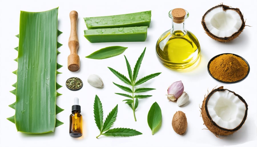 Natural skincare ingredients arranged on a white marble surface including fresh aloe leaf, coconut oil jar, and dried herbs
