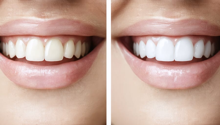 Side-by-side comparison of teeth whiteness before and after 30 days of using Oclean toothbrush