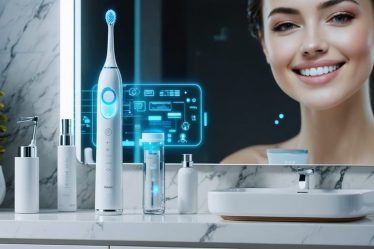 Futuristic bathroom scene with Oclean smart sonic toothbrush on a sleek vanity, digital display glowing, representing the blend of smart technology and beauty routine transformation.