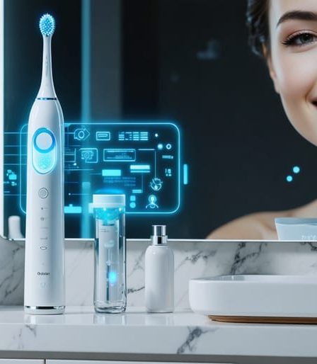 Futuristic bathroom scene with Oclean smart sonic toothbrush on a sleek vanity, digital display glowing, representing the blend of smart technology and beauty routine transformation.