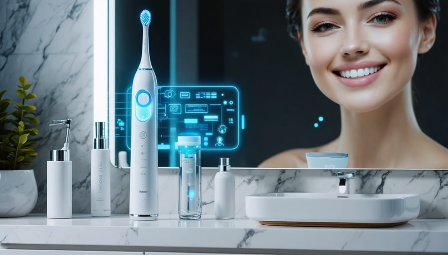 Futuristic bathroom scene with Oclean smart sonic toothbrush on a sleek vanity, digital display glowing, representing the blend of smart technology and beauty routine transformation.