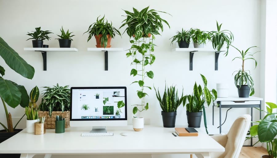 Modern home office decorated with easy-care indoor plants