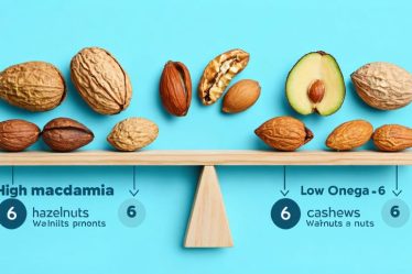 Infographic depicting a seesaw concept with various nuts, highlighting the balancing act of omega-3 and omega-6 fatty acids. Vibrant visuals show macadamia nuts, hazelnuts, and cashews on one side, contrasting with higher omega-6 nuts like almonds and walnuts.